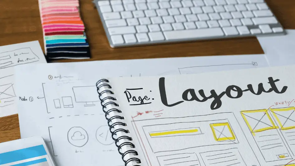 Workspace setup for web design in KL with sketches and color samples.