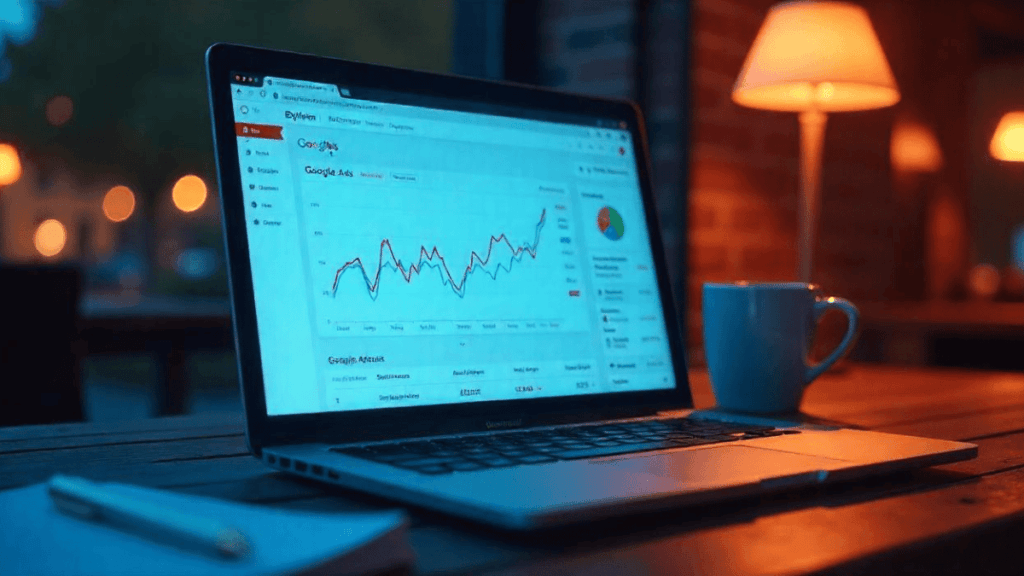 A laptop displaying Google Ads performance analytics, representing SEM marketing strategies for increasing online visibility.