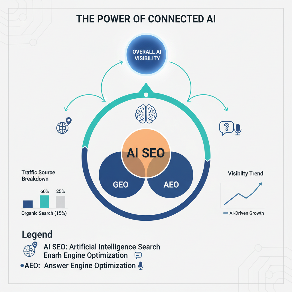 Interconnected strategies of AI SEO, Generative Engine Optimization (GEO), and Answer Engine Optimization (AEO)