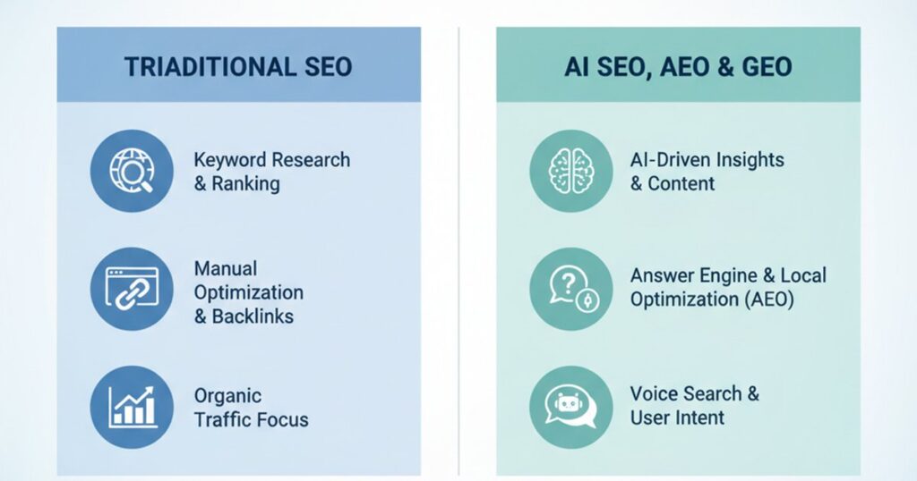Infographic comparing Traditional SEO with AI SEO, AEO, and GEO strategies