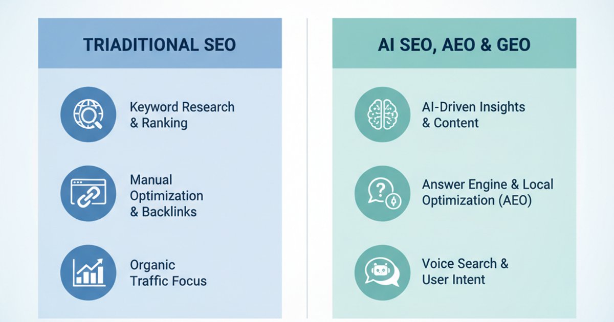 Infographic comparing Traditional SEO with AI SEO, AEO, and GEO strategies