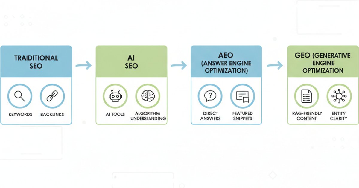 Evolution of SEO, AI SEO, AEO, and GEO strategies for modern search