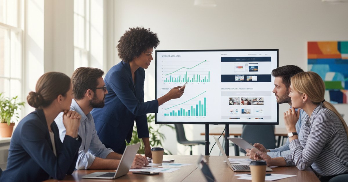 Business professionals analyzing website analytics for corporate web design strategy