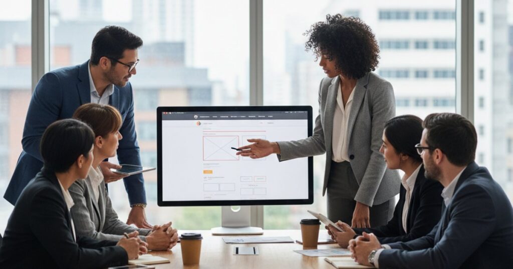 Business team collaborating on corporate website design strategy