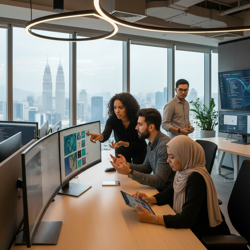 Kuala Lumpur web designers collaborating with AI tools in a modern office