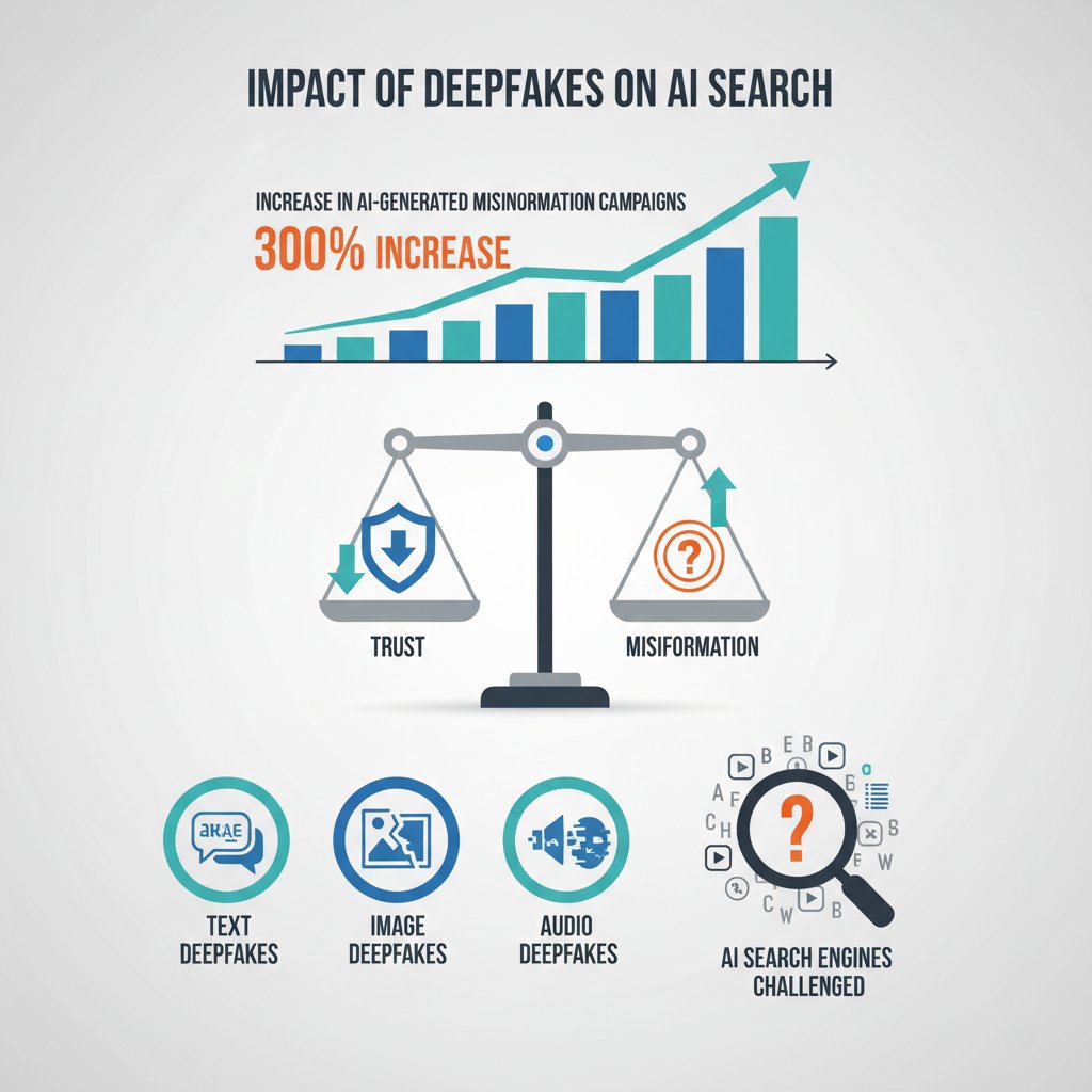 Infographic showing the impact of deepfakes and misinformation on AI search, highlighting challenges for SEO, AEO, and GEO.