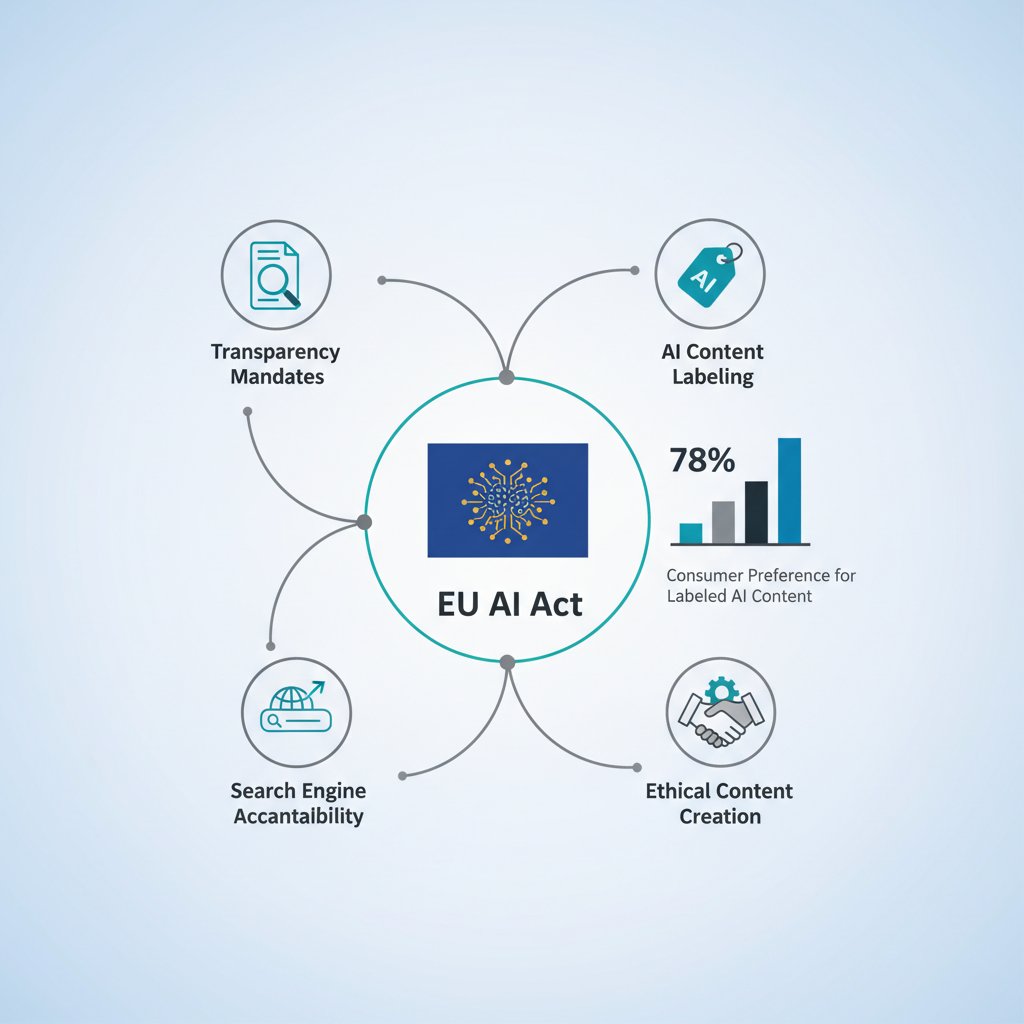 Infographic illustrating the EU AI Act's impact on SEO, AEO, and GEO, highlighting transparency and AI content labeling requirements.