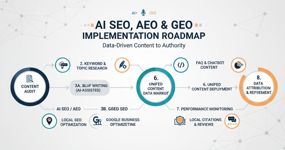 Roadmap for implementing AI SEO, AEO, and GEO strategies for businesses