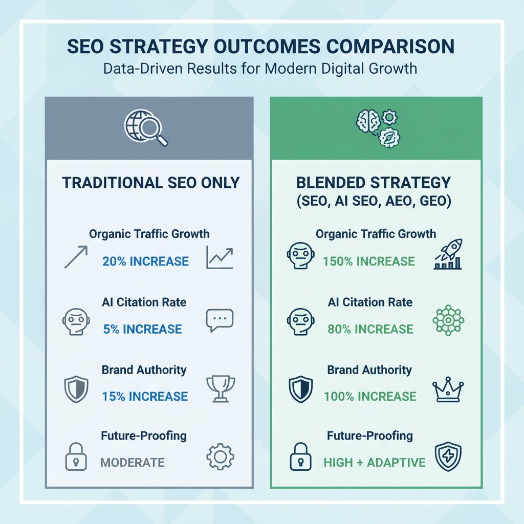 Comparison of traditional SEO vs blended SEO, AI SEO, AEO, GEO strategy outcomes