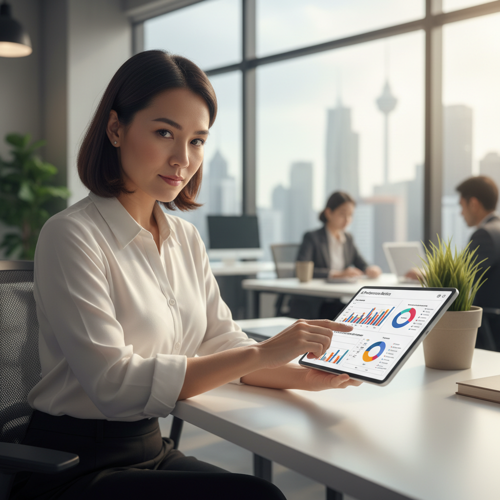 Business professional in KL evaluating AI-powered web design performance metrics
