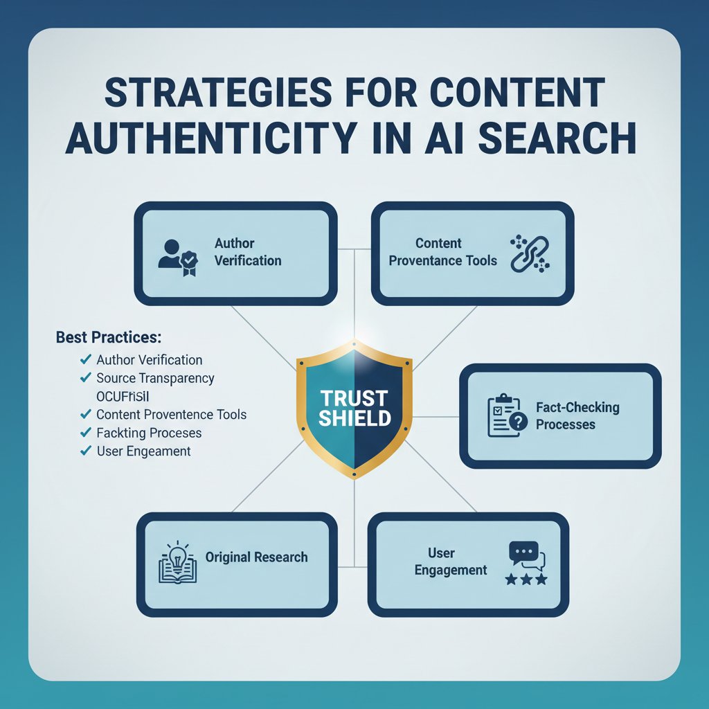 Infographic detailing strategies for content authenticity and E-E-A-T to combat deepfakes in AI SEO and AEO.
