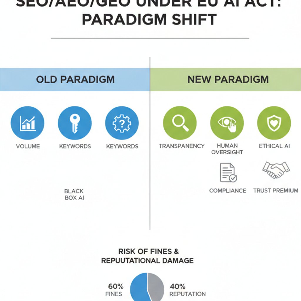Infographic comparing old SEO, AEO, GEO strategies with new paradigms influenced by the EU AI Act, focusing on transparency and compliance.