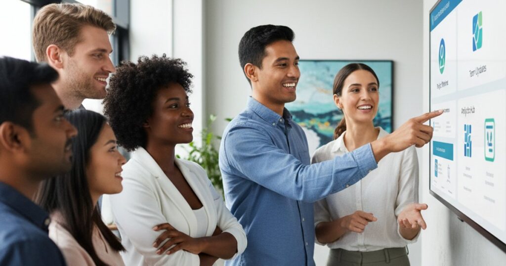 Employees collaborating around a corporate web design intranet dashboard, boosting engagement