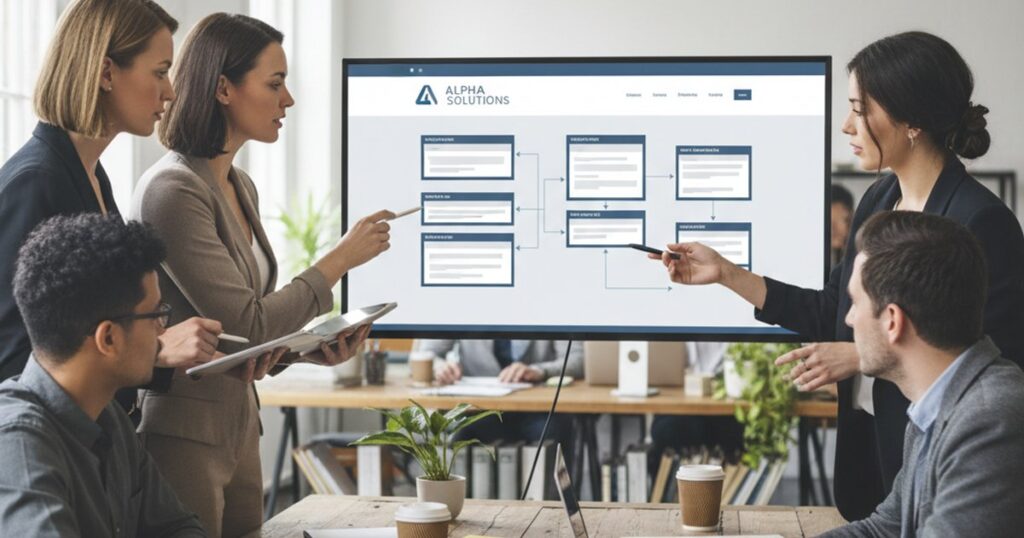 Corporate web design team collaborating on a website wireframe, focusing on stakeholder alignment.