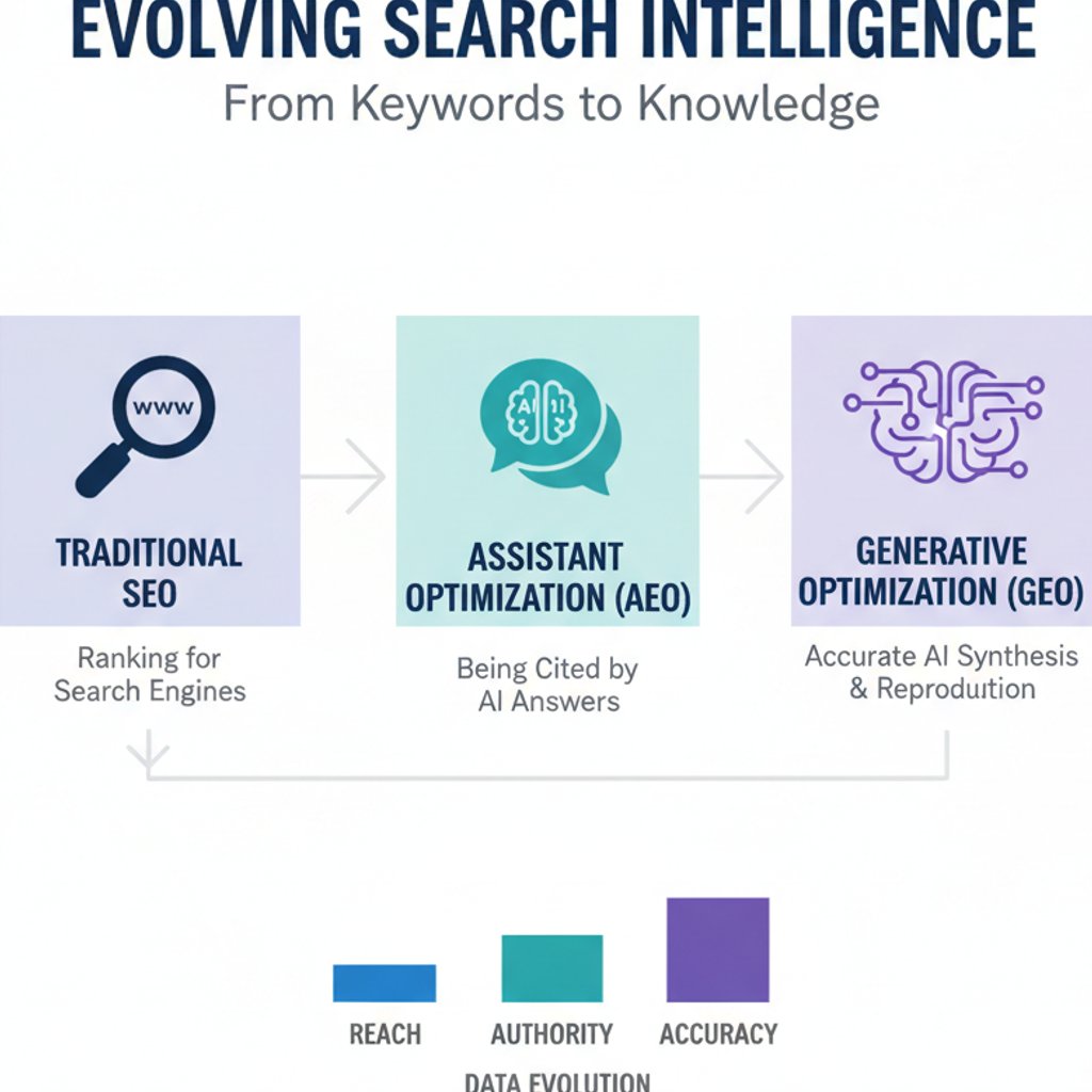 Infographic comparing SEO, AEO, and GEO in the context of AI search