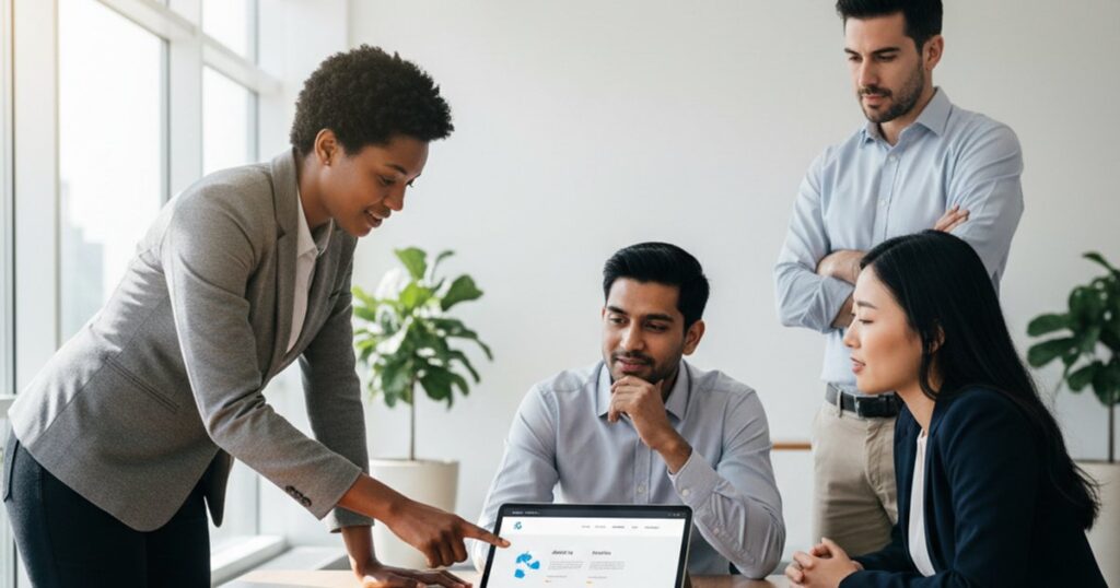 Professionals discussing empathetic corporate web design on a tablet