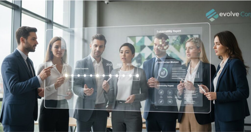 Diverse stakeholders engaging with a corporate website's digital storytelling