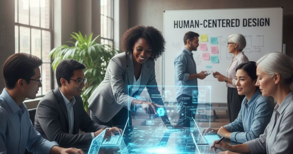 Professionals collaborating on corporate web design with digital empathy and ethical AI