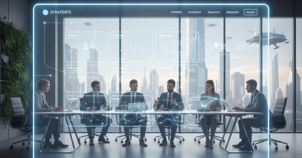 Future-proof corporate web design displayed on a holographic screen