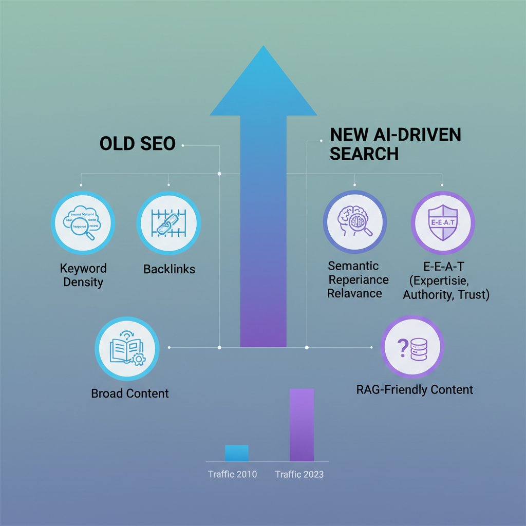 Infographic illustrating the shift from old SEO tactics like keyword stuffing to new AI-driven SEO, AEO, and GEO strategies focusing on semantic relevance and E-E-A-T.