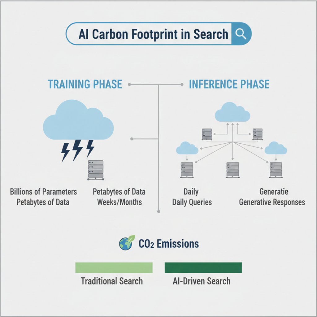 Infographic illustrating the carbon footprint of AI-driven search, comparing energy consumption of AI training and inference with traditional search, highlighting the environmental impact of AI SEO.