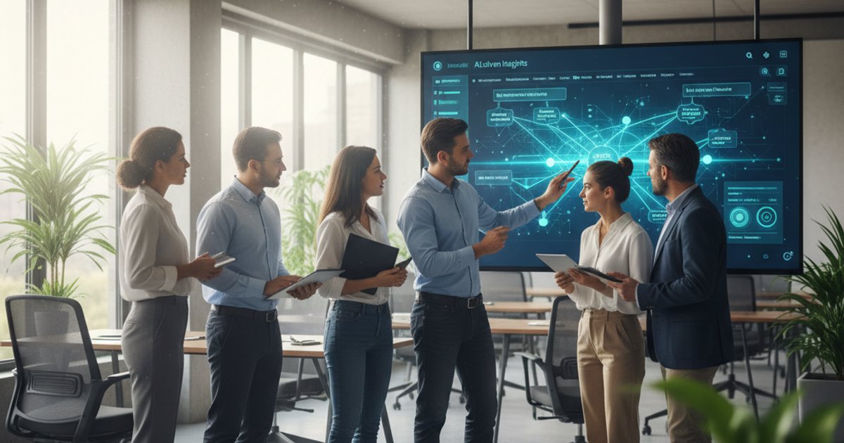 Team analyzing AI-driven corporate web design data on a large screen