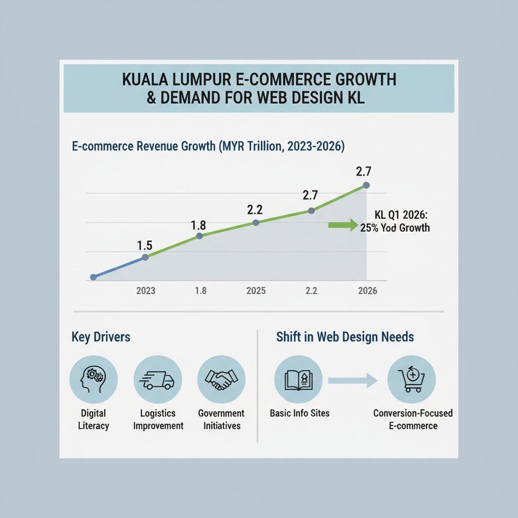 Infographic showing Kuala Lumpur's e-commerce growth and increasing demand for specialized Web Design KL services, highlighting key drivers and the shift in design needs.