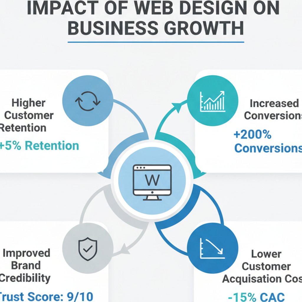 Infographic showing how strategic web design in KL impacts business growth with increased conversions, retention, and credibility.