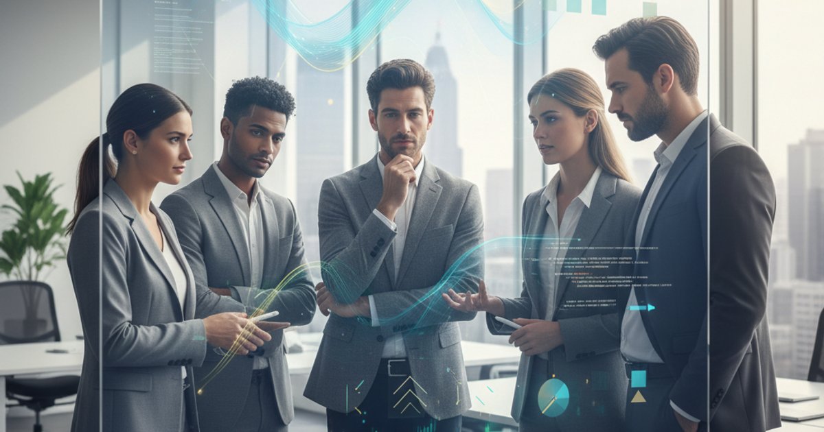 Business professionals analyzing data and subtle corporate web design elements on a transparent screen