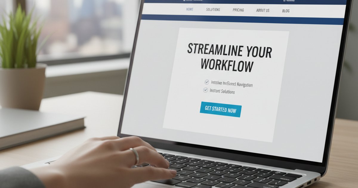 Hand interacting with a laptop displaying a user-friendly corporate website, emphasizing cognitive fluency in website design