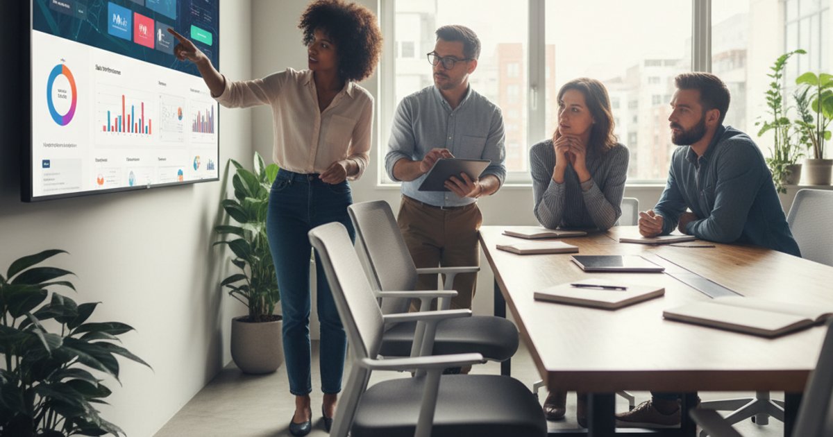 Professionals collaborating on corporate web design with AI integration