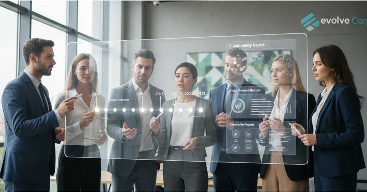 Diverse stakeholders engaging with a corporate website's digital storytelling