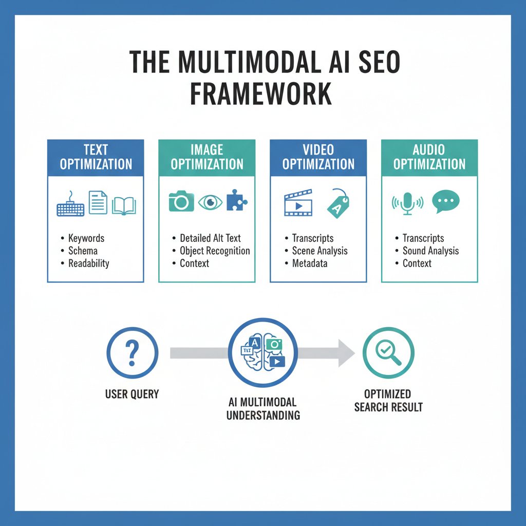 Infographic showing the Multimodal AI SEO Framework for optimizing text, images, video, and audio for AI search engines.