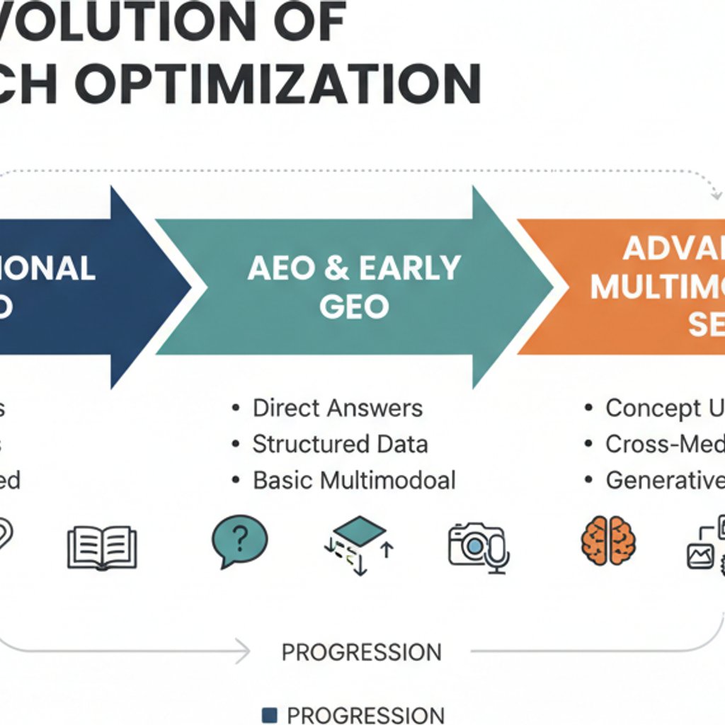 Infographic illustrating the evolution of search optimization from traditional SEO to advanced multimodal AI SEO, AEO, and GEO.