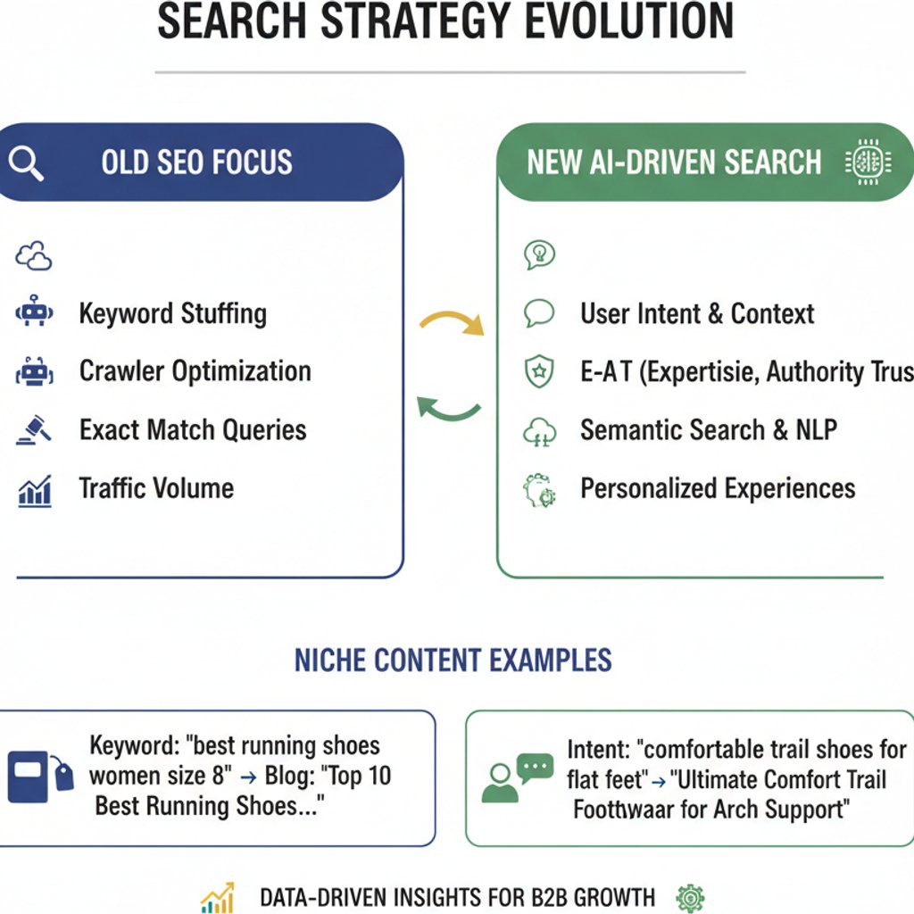 Table comparing old SEO focus with new AI-driven search (SEO, AEO, GEO) focus, highlighting the impact on niche content strategies.