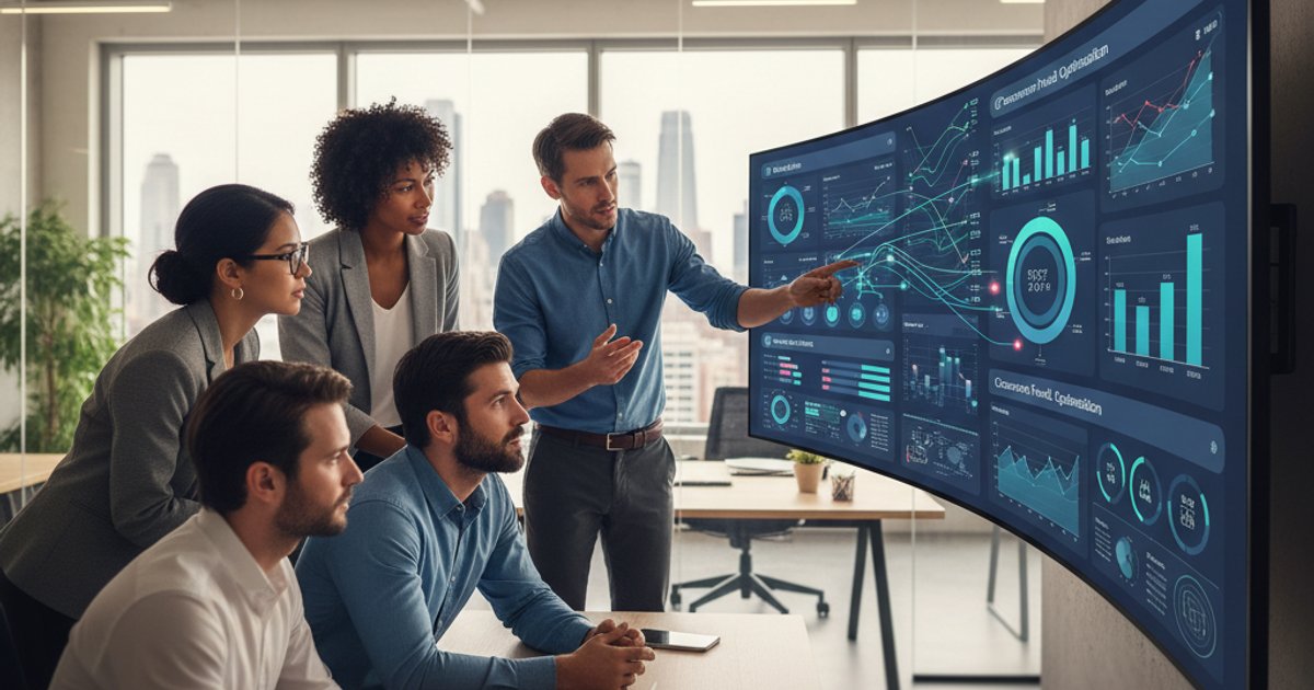 Business team analyzing corporate web design ROI metrics on a screen
