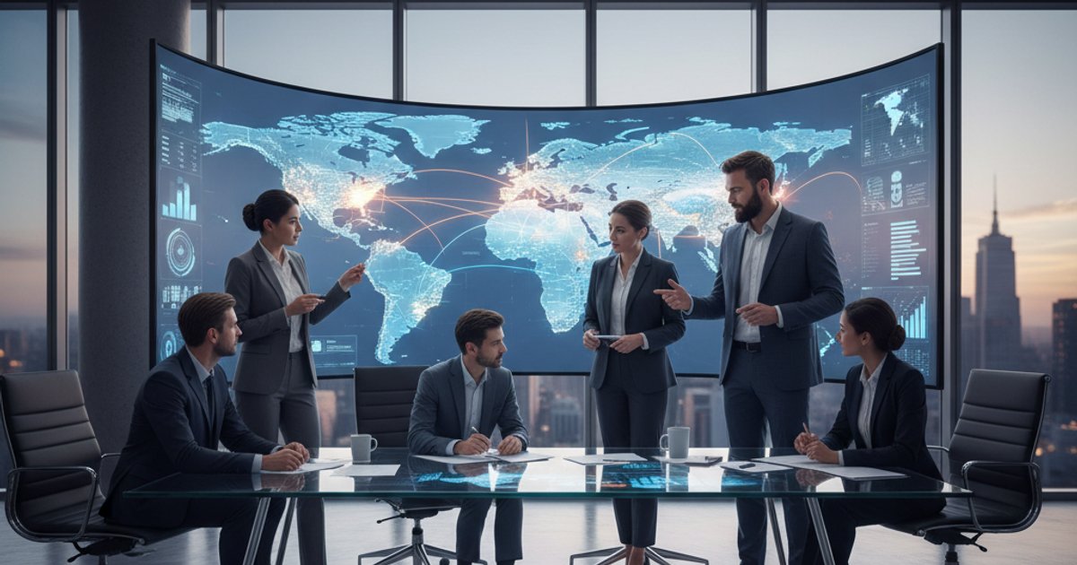 Global team collaborating on corporate web design strategy with a digital world map
