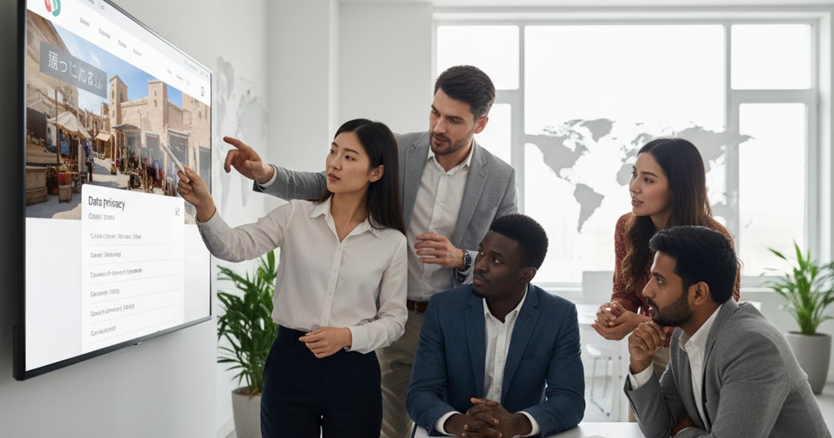 Diverse team analyzing culturally adapted corporate web design elements for international markets