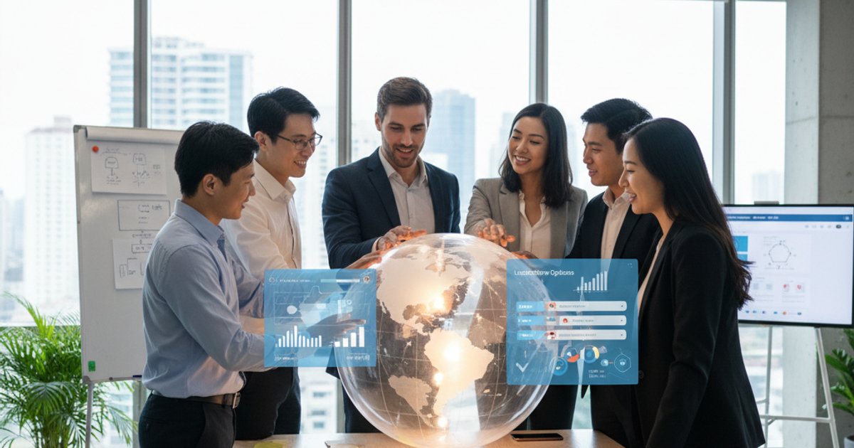 Diverse business team collaborating on global corporate web design strategy, pointing at a digital globe with website analytics