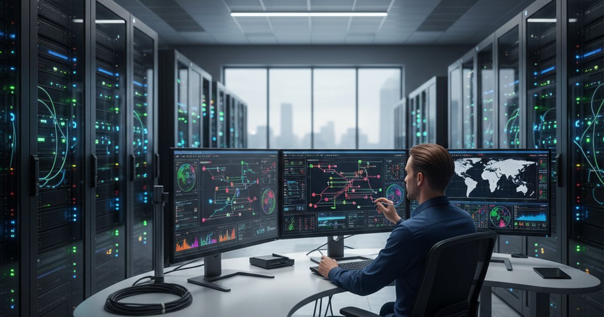 Engineer monitoring global network traffic in a data center, representing scalable corporate website architecture