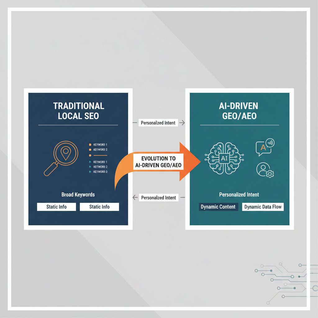 Infographic comparing Traditional Local SEO with AI-Driven GEO and AEO strategies