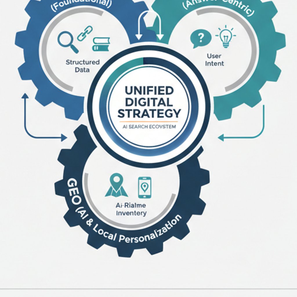 Infographic illustrating the convergence of SEO, AEO, and GEO in the AI search ecosystem