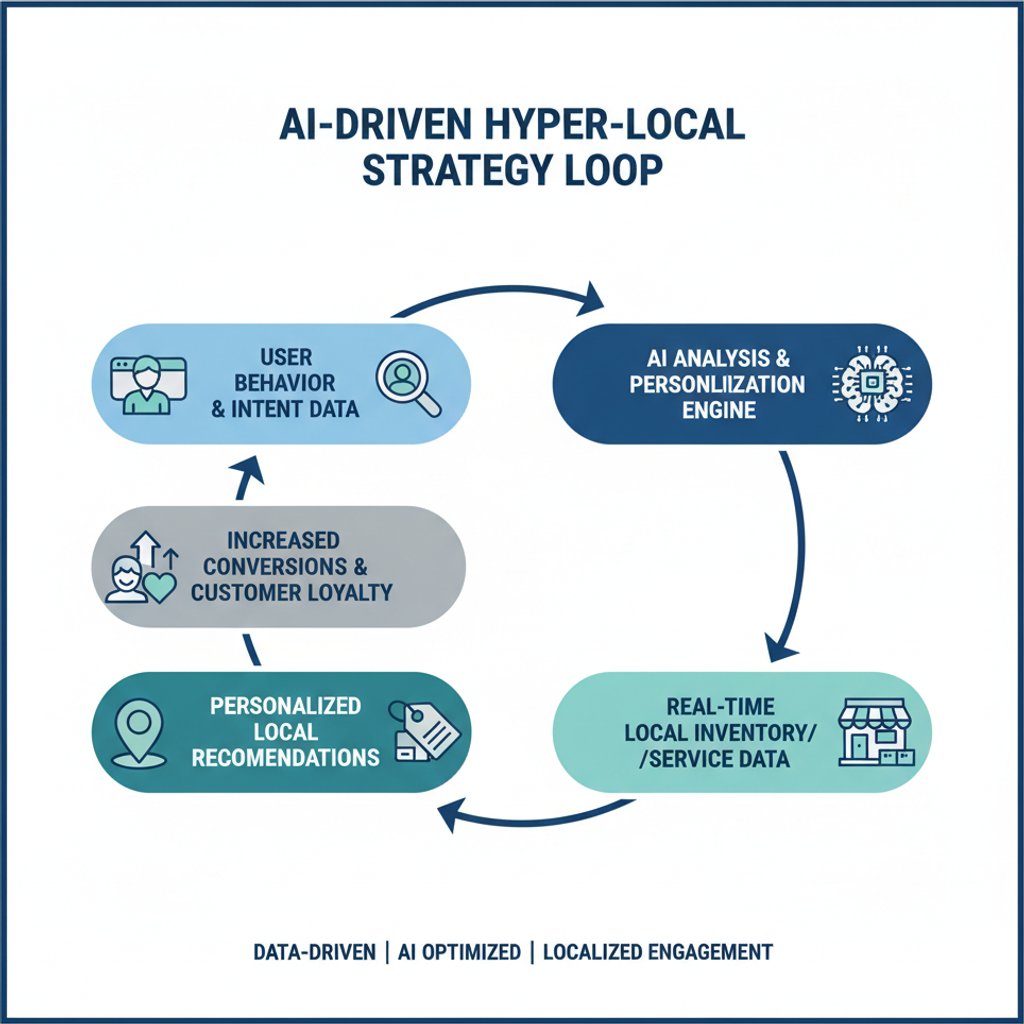 Infographic showing the AI-driven hyper-local strategy loop from user data to increased conversions