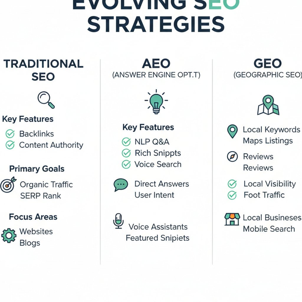 Infographic comparing SEO, AEO, and GEO strategies for AI search