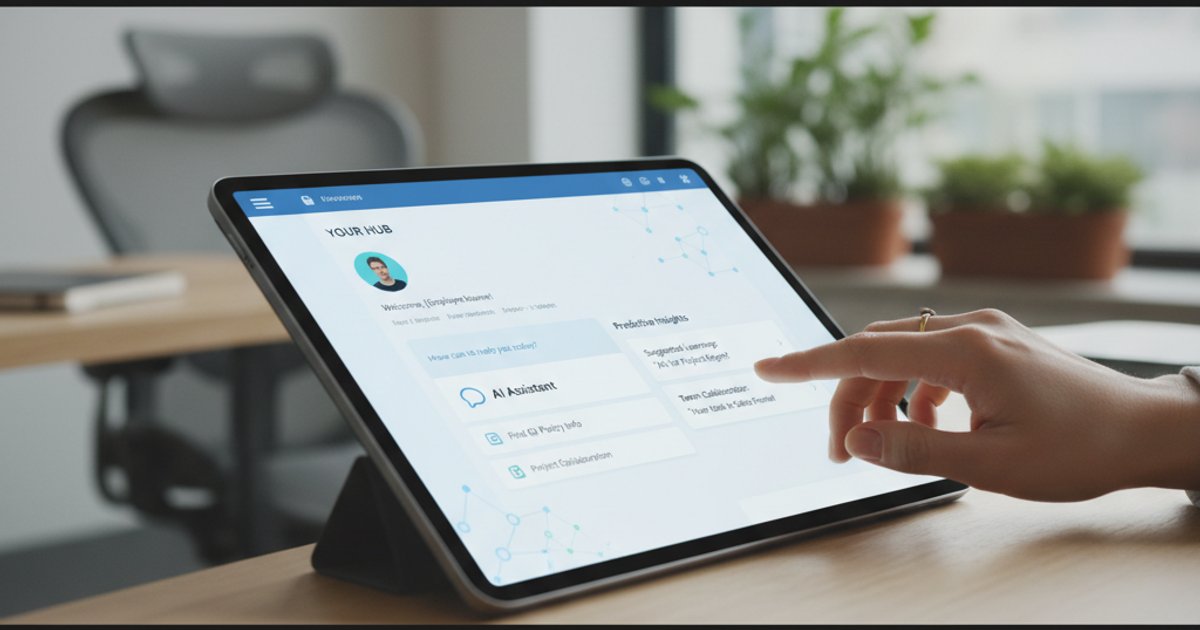 Hand interacting with a tablet showing AI-powered corporate web design features for employee productivity