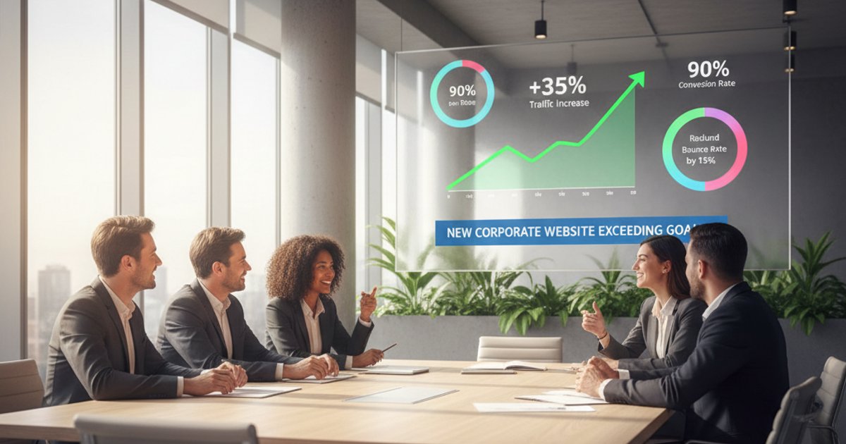 Business executives reviewing corporate website analytics data, demonstrating digital influence.