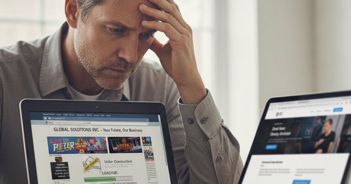 Frustrated business owner viewing a neglected corporate website