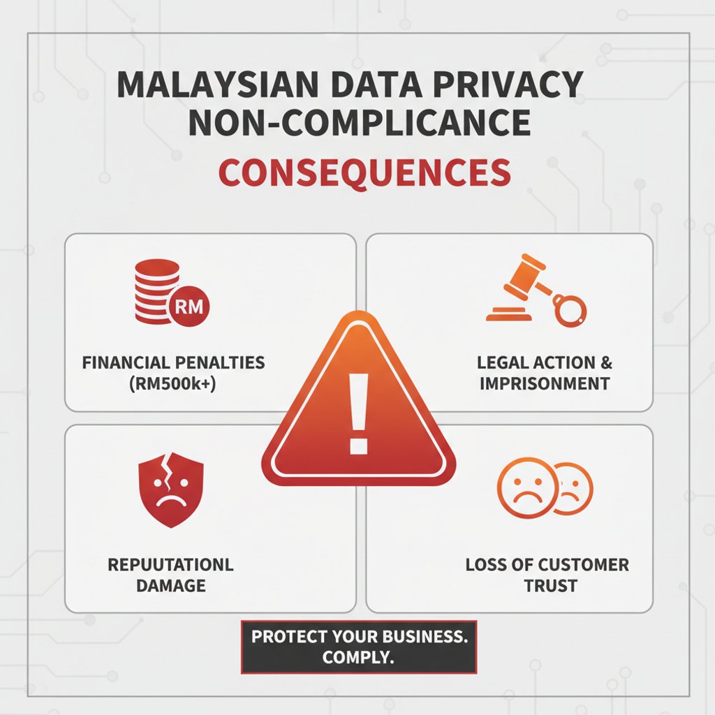 Infographic illustrating the severe consequences of data privacy non-compliance for Malaysian businesses and Web Design KL