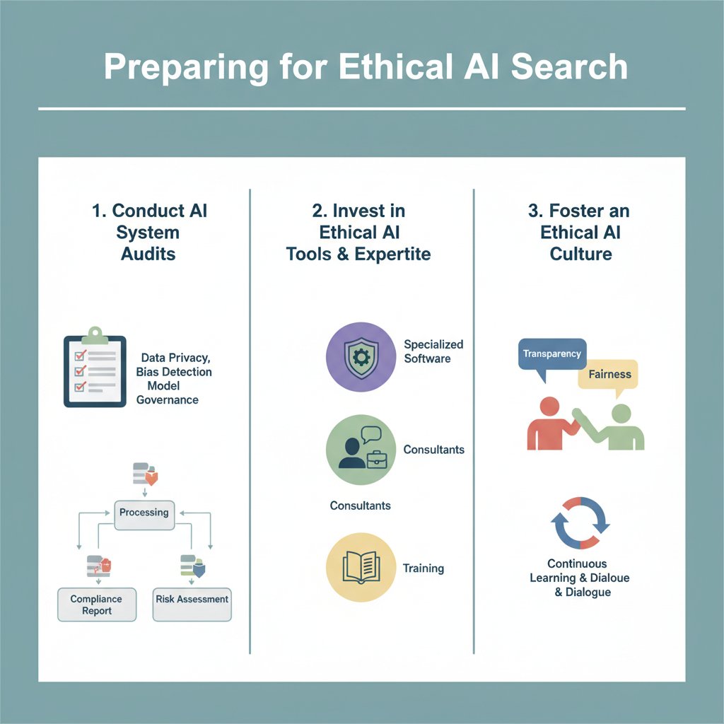 Infographic outlining three key steps for businesses to prepare for ethical AI search under the EU AI Act, focusing on audits, tools, and culture for SEO, AEO, and GEO.
