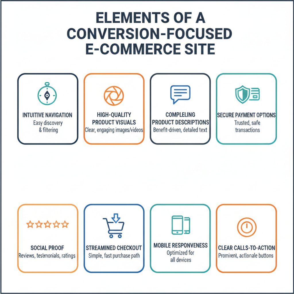 Infographic detailing key elements of a conversion-focused e-commerce website, crucial for effective Web Design KL, including navigation, visuals, payments, and mobile responsiveness.